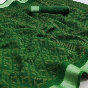 green-floral-printed-linen-saree-145007