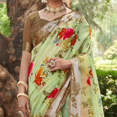 green-floral-printed-linen-saree-145218
