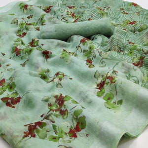 green-floral-printed-linen-saree-145015
