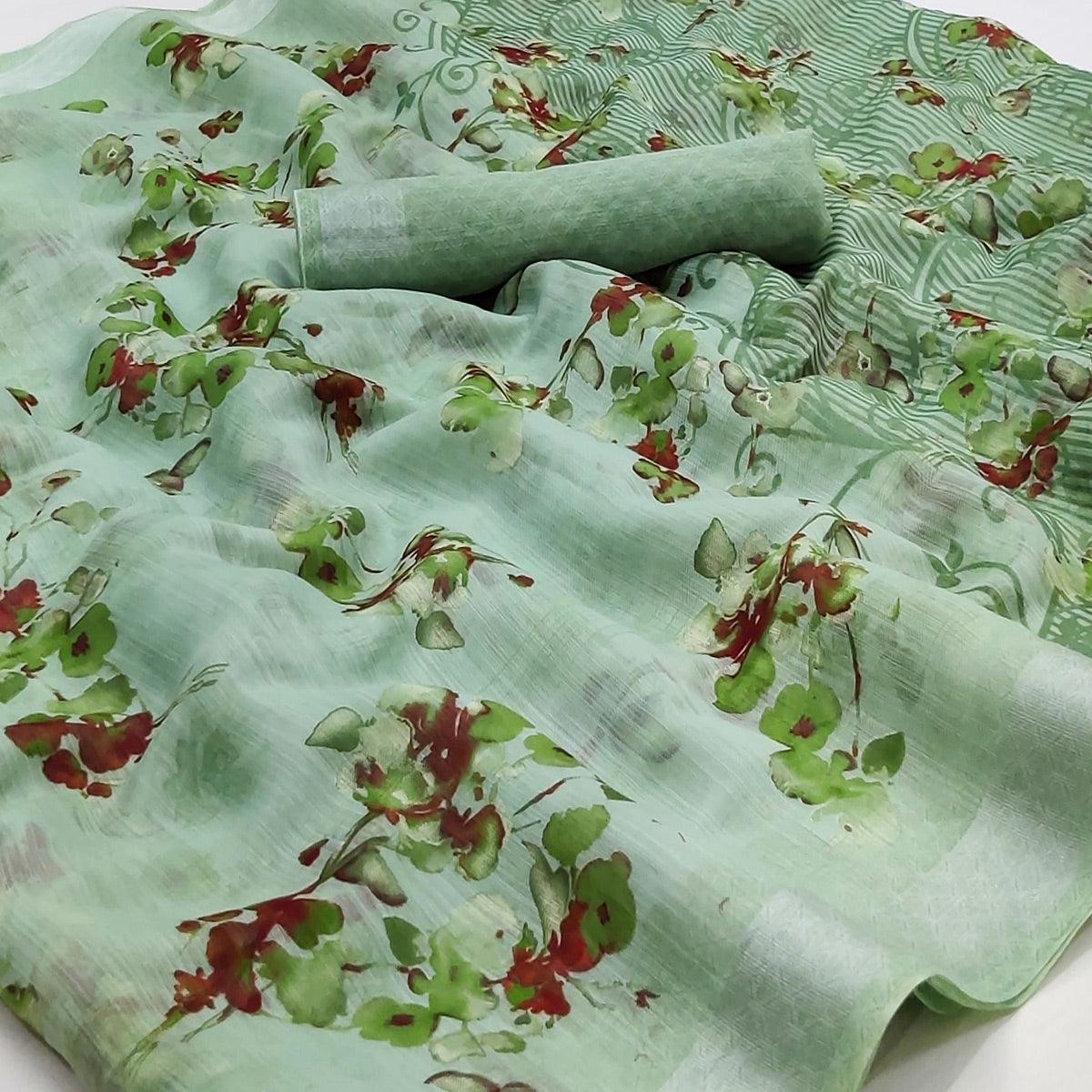 green-floral-printed-linen-saree-145015
