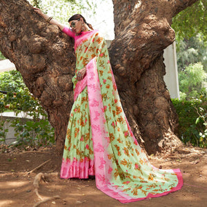 green-floral-printed-linen-saree-145223