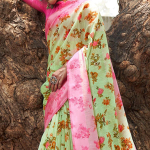 green-floral-printed-linen-saree-145223