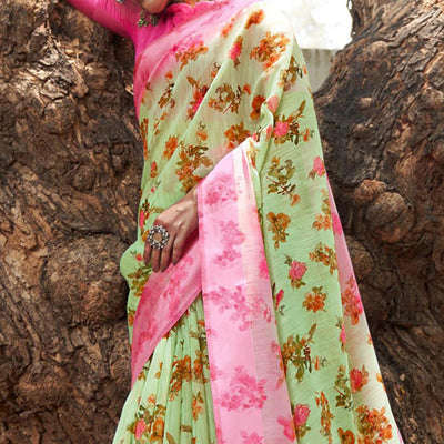 green-floral-printed-linen-saree-145223