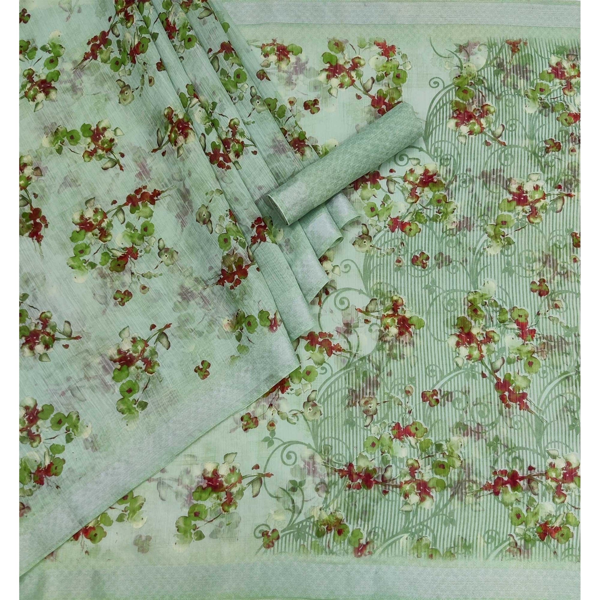 green-floral-printed-linen-saree-145015