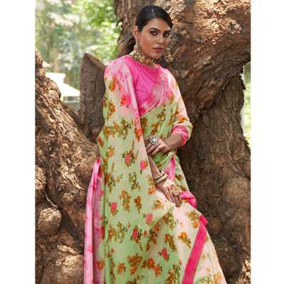 green-floral-printed-linen-saree-145223