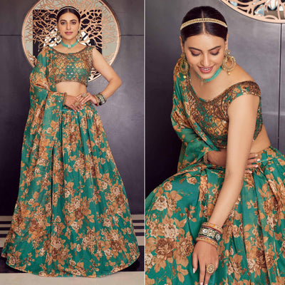 green-floral-printed-organza-lehenga-choli