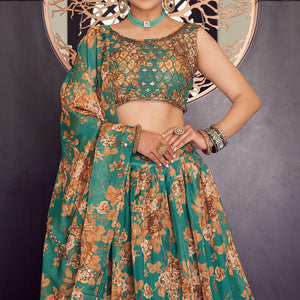green-floral-printed-organza-lehenga-choli
