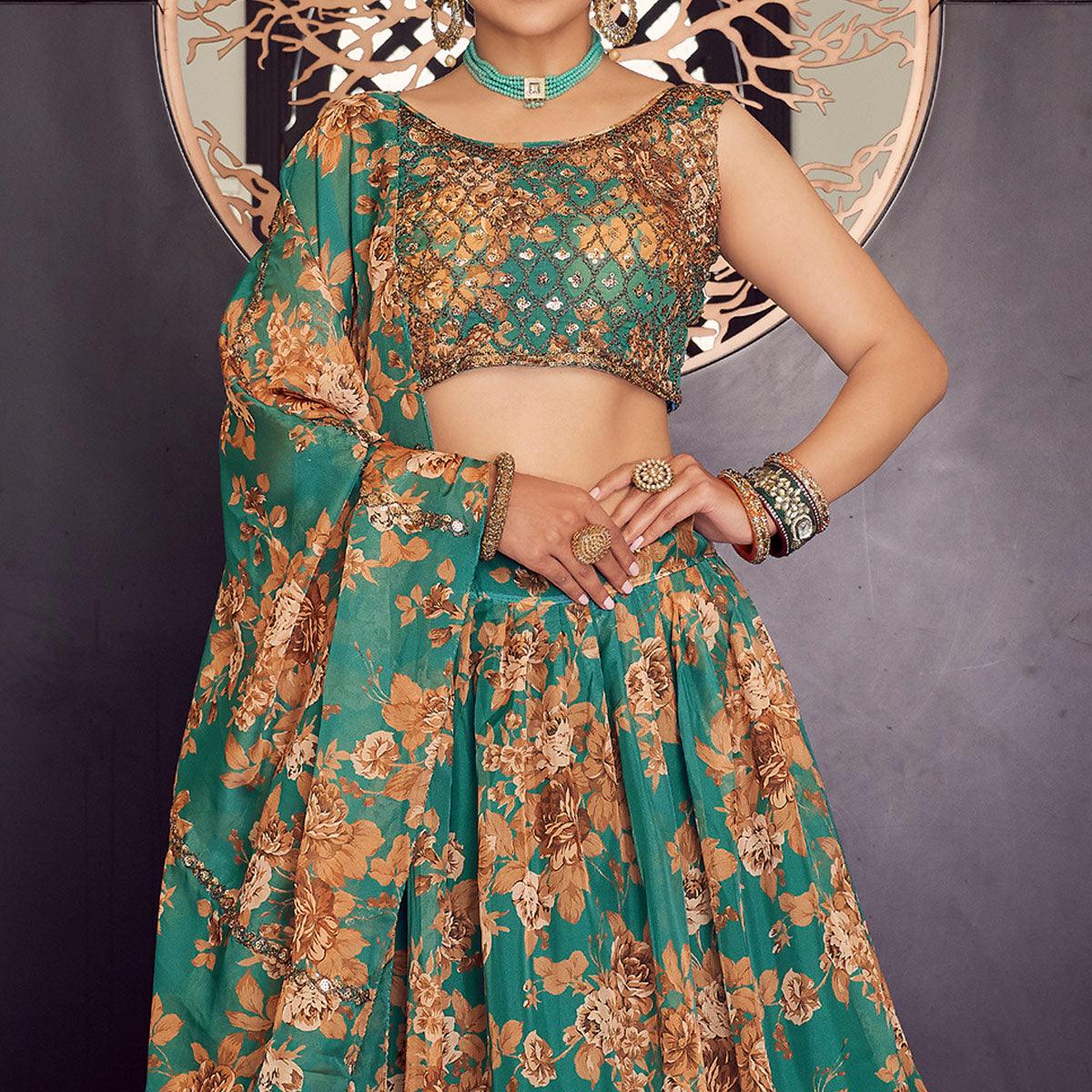 green-floral-printed-organza-lehenga-choli