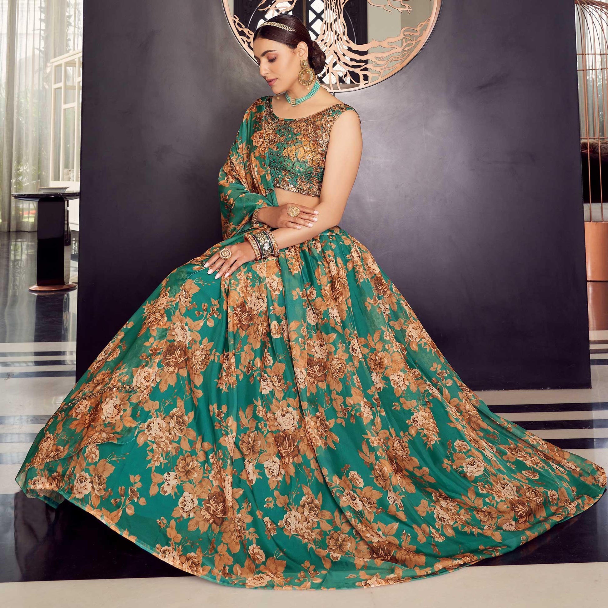 green-floral-printed-organza-lehenga-choli