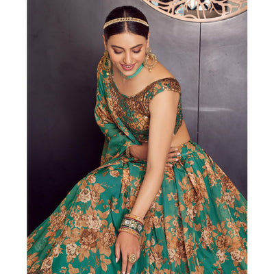 green-floral-printed-organza-lehenga-choli