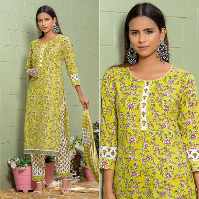 green-floral-printed-poly-cotton-kurti-pant-set