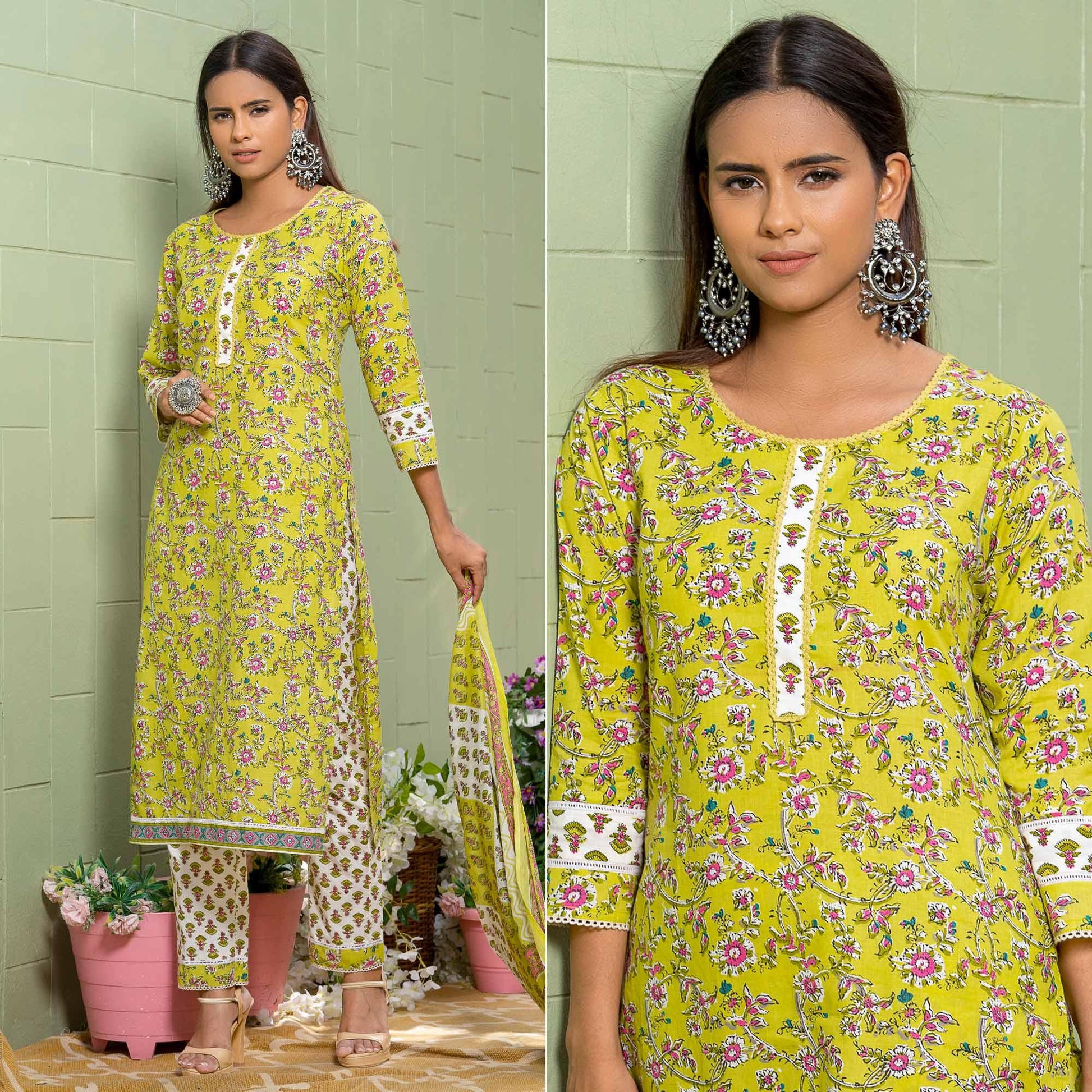 green-floral-printed-poly-cotton-kurti-pant-set
