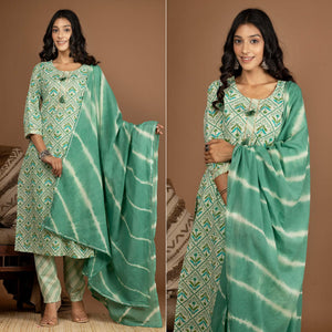 green-floral-printed-pure-cotton-kurti-pant-set-144157