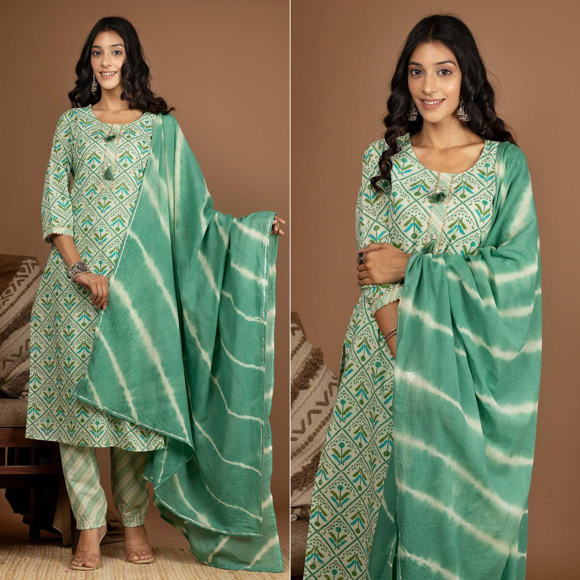 green-floral-printed-pure-cotton-kurti-pant-set-144157