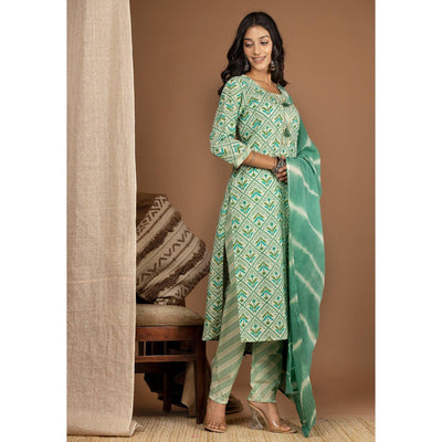green-floral-printed-pure-cotton-kurti-pant-set-144157