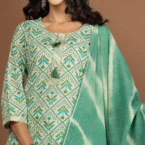 green-floral-printed-pure-cotton-kurti-pant-set-144157