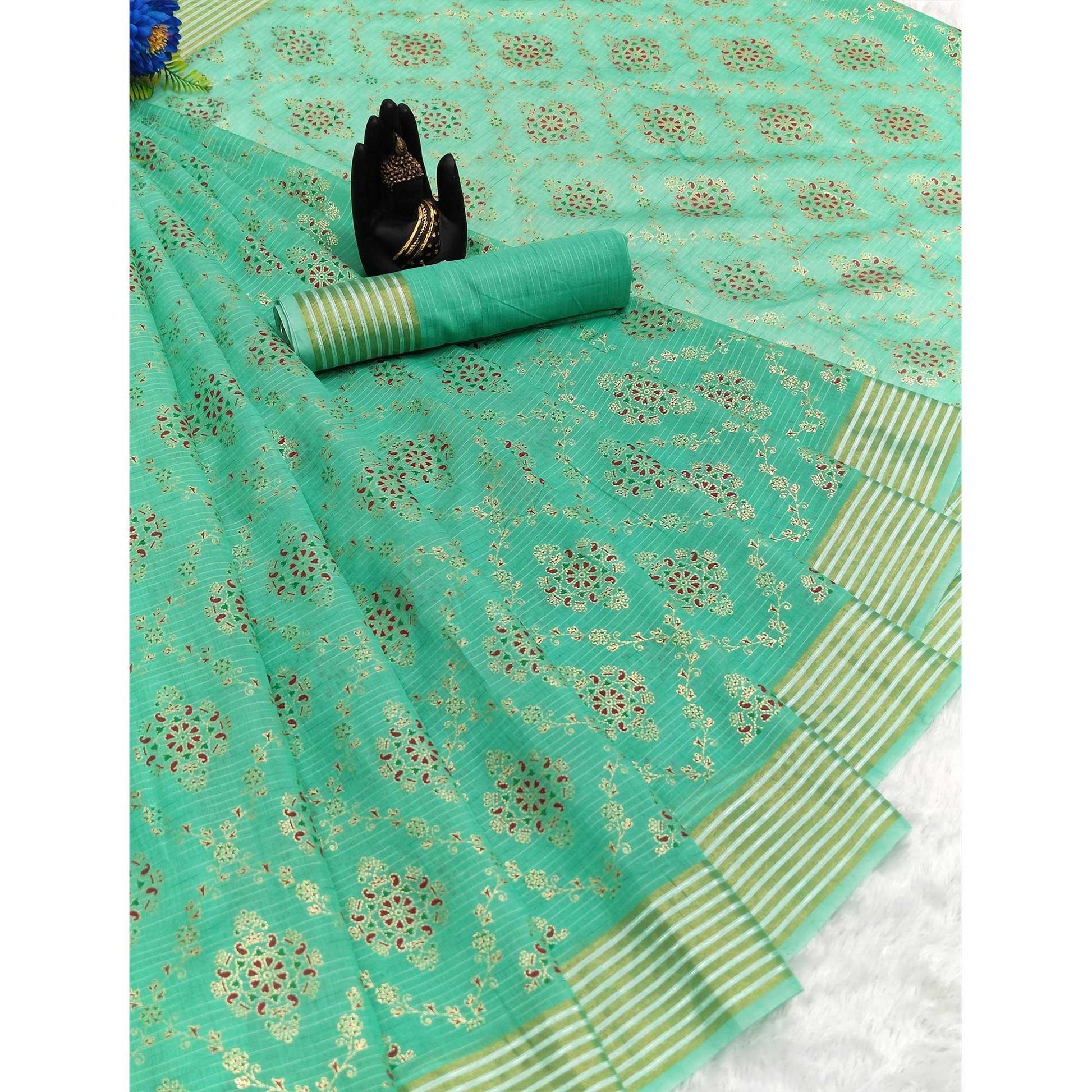 green-floral-printed-pure-cotton-saree
