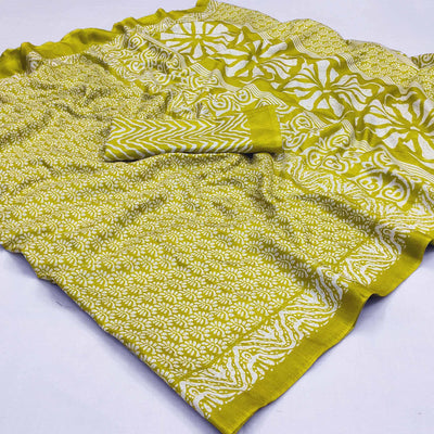 green-floral-printed-raw-silk-saree