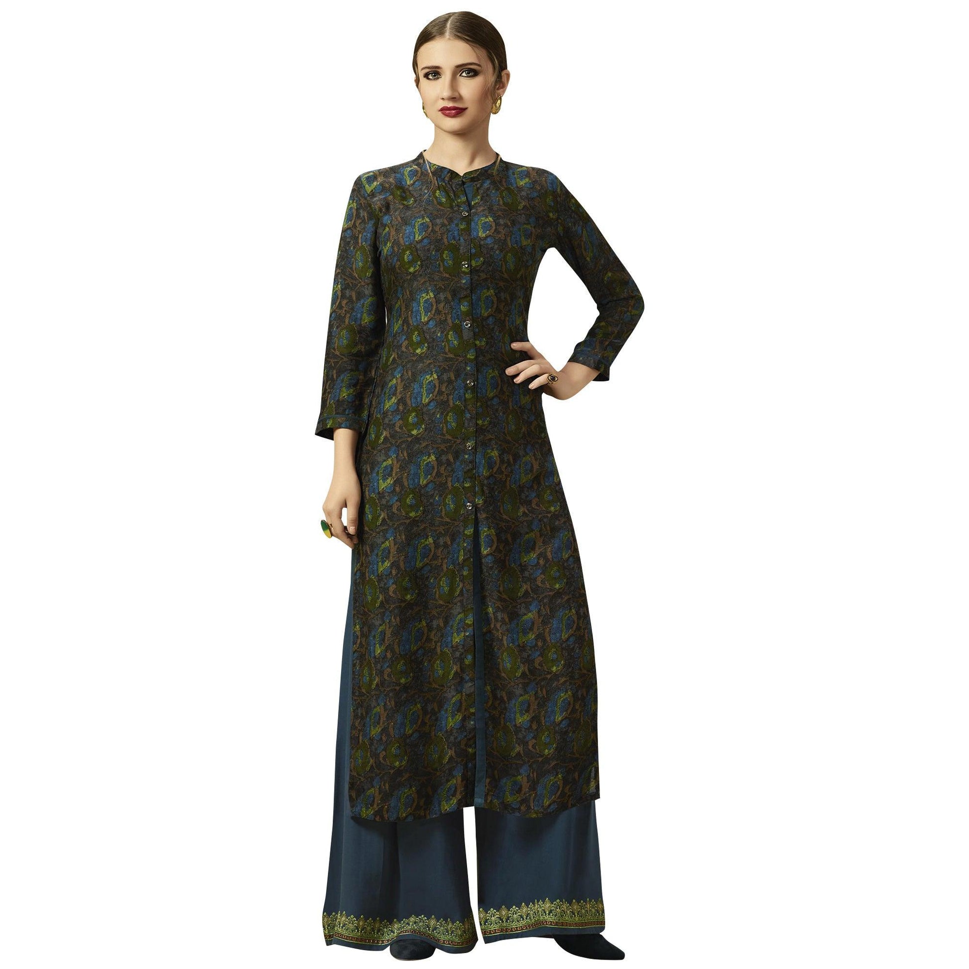amazing-dark-gray-colored-partywear-printed-rayon-kurti-palazzo-set