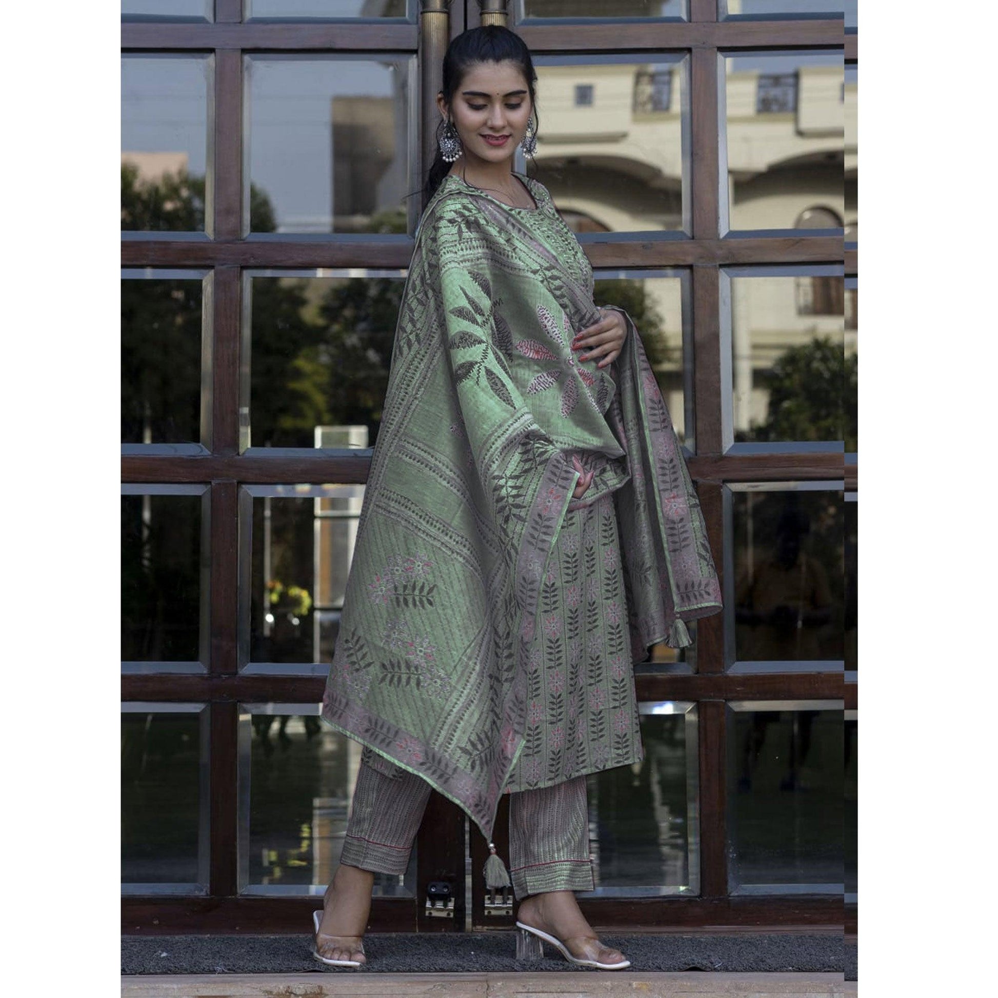 turquoise-floral-printed-rayon-kurti-pant-set-with-dupatta