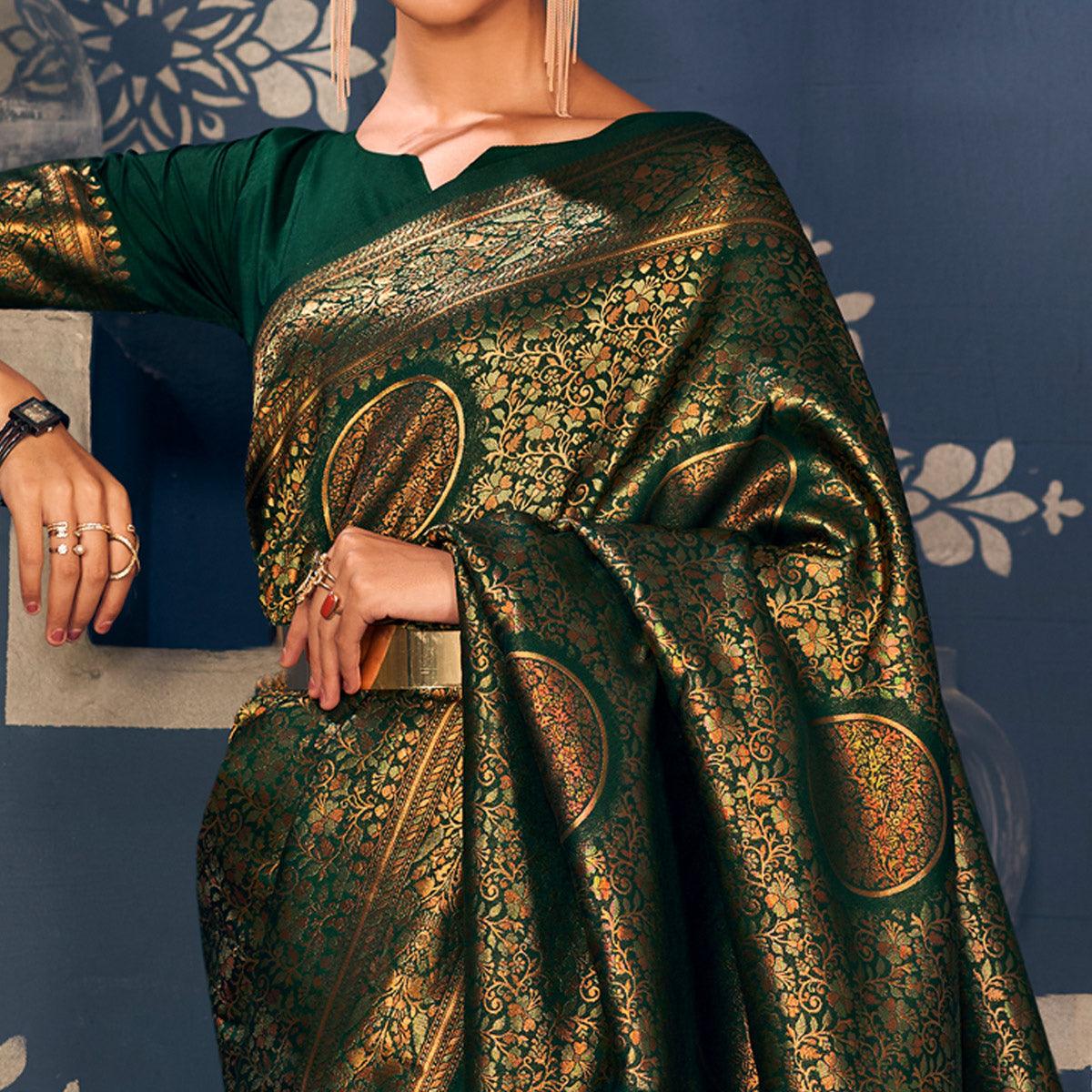 green-floral-woven-art-silk-saree
