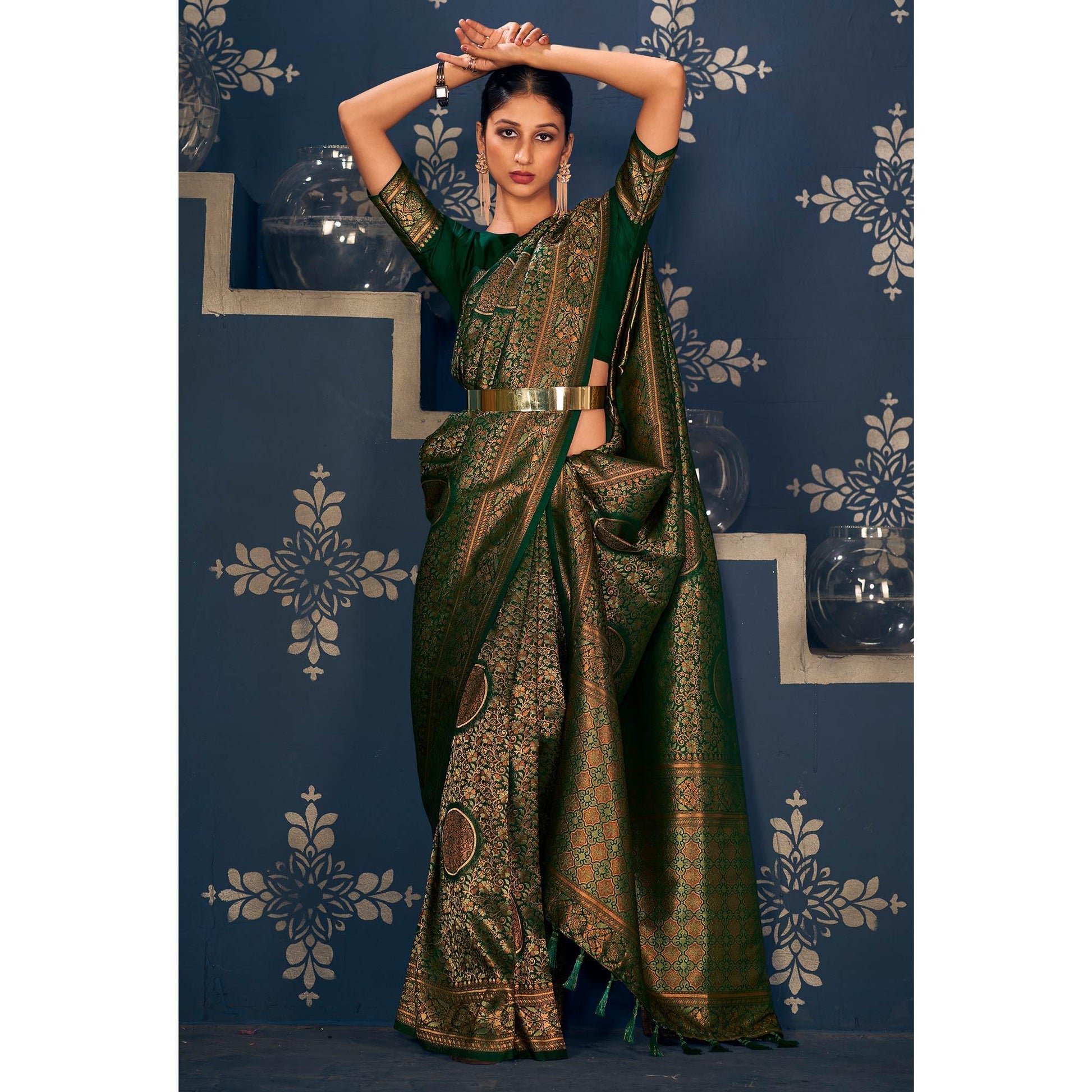 green-floral-woven-art-silk-saree