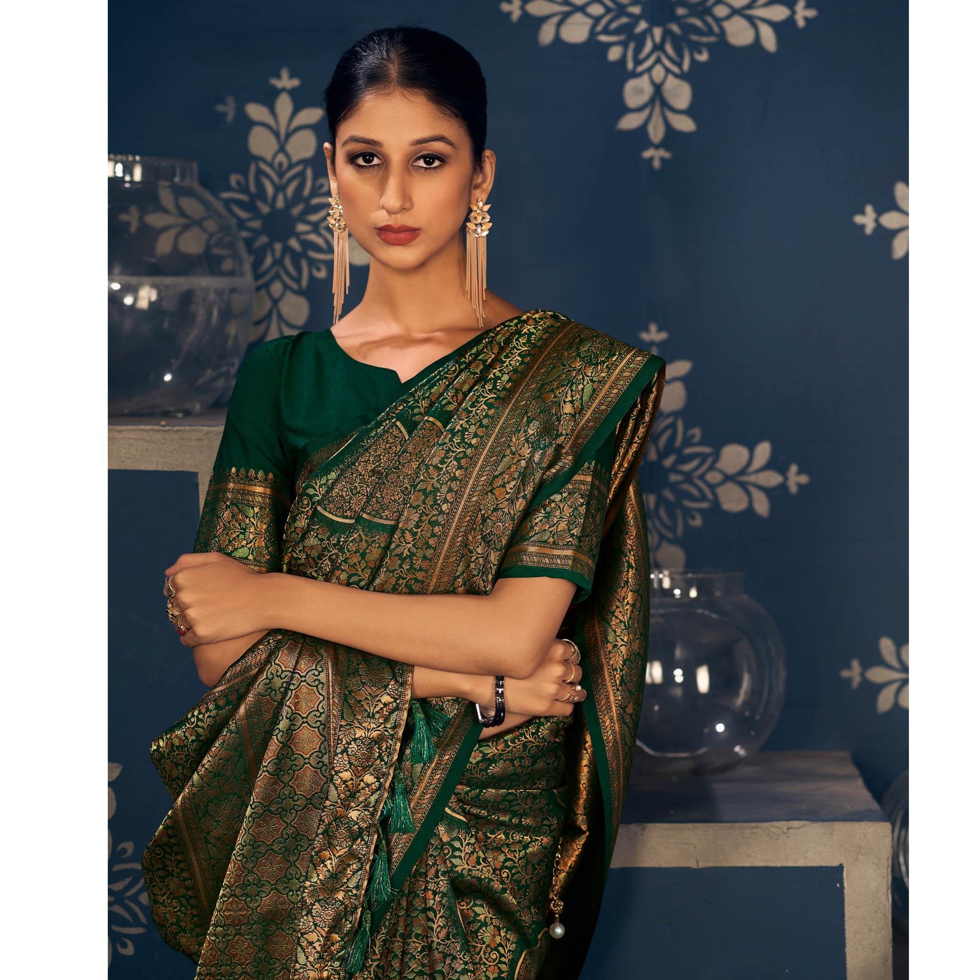 green-floral-woven-art-silk-saree