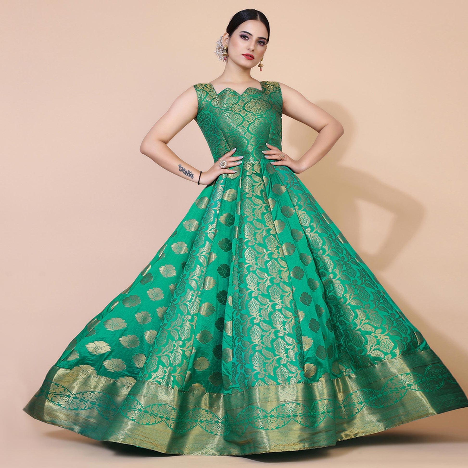 green-floral-woven-jacquard-anarkali-style-gown-2