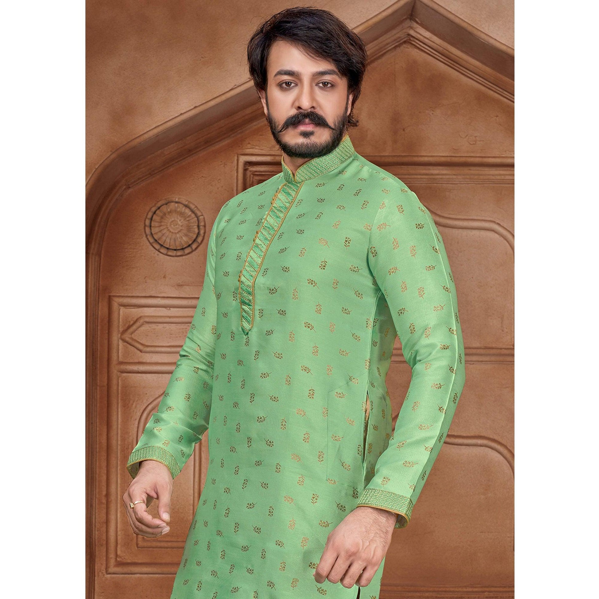 green-partywear-jacquard-floral-printed-embroidered-pure-jacquard-silk-kurta-pyjama-set-109584