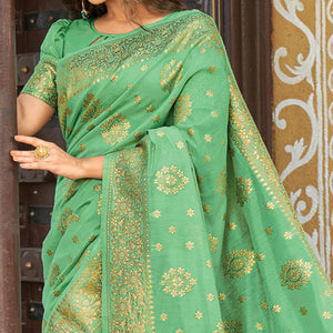 green-floral-woven-pure-cotton-saree-144131