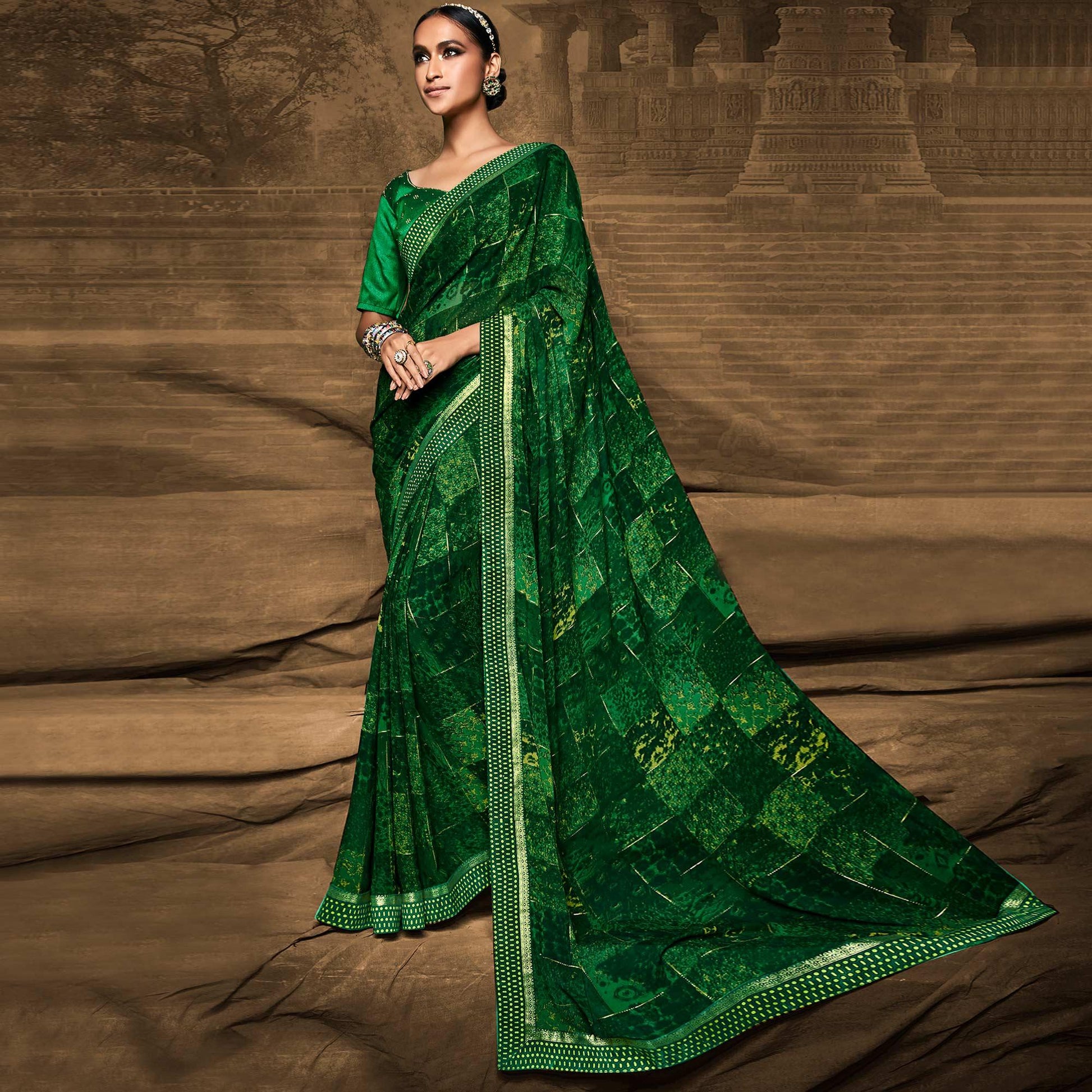 green-foil-printed-georgette-saree