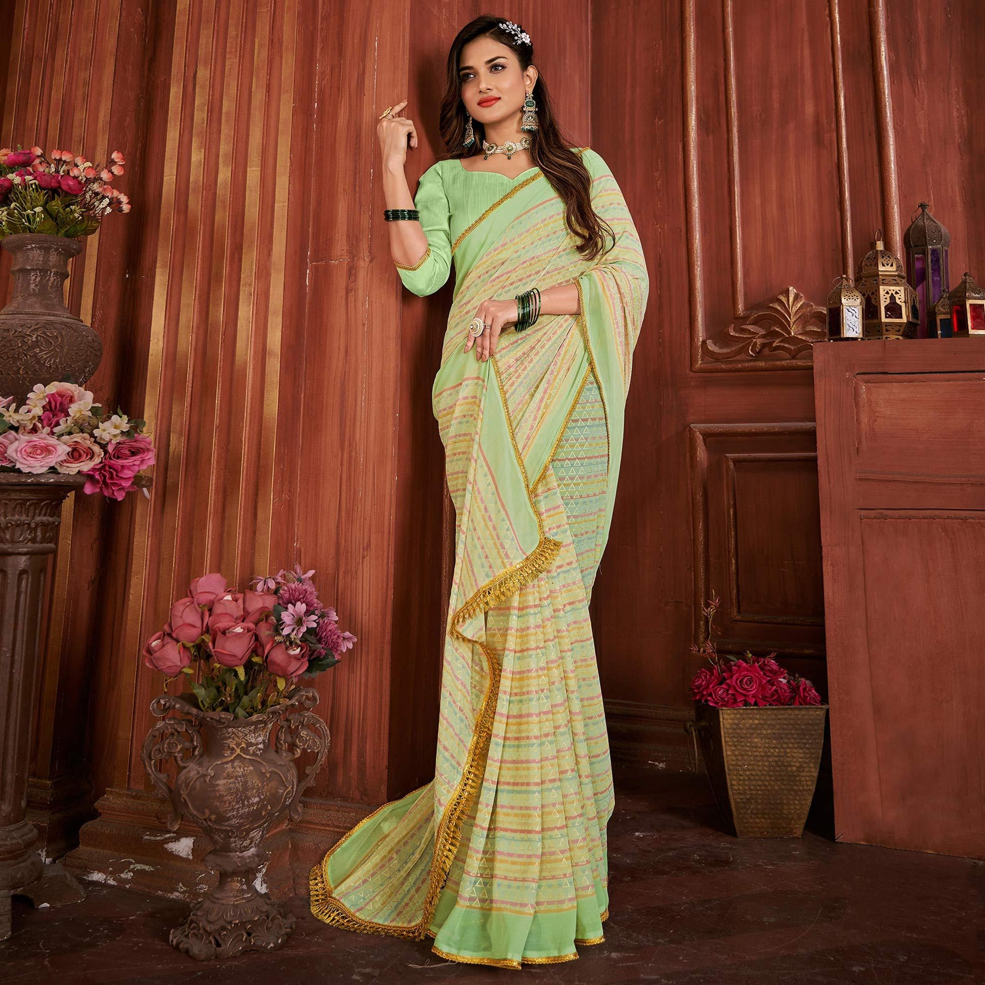green-foil-printed-georgette-saree-145194
