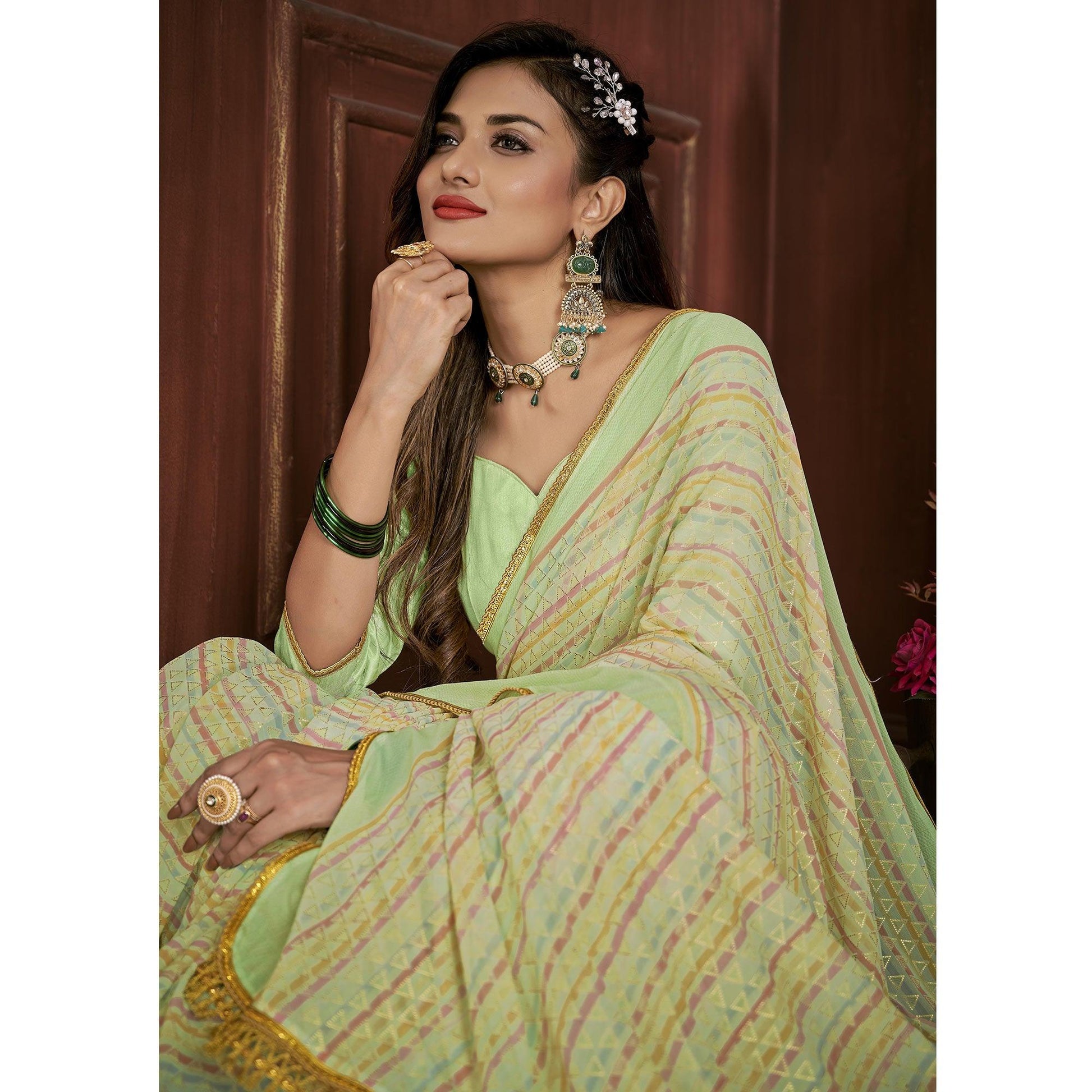green-foil-printed-georgette-saree-145194