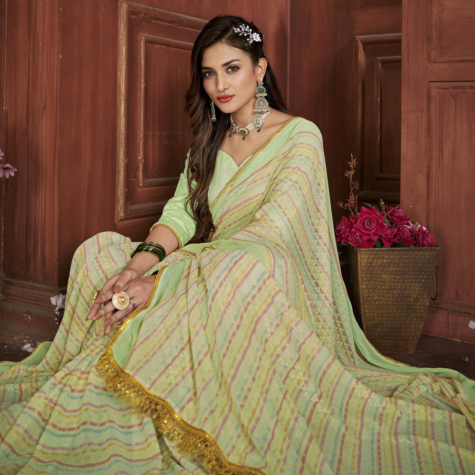 green-foil-printed-georgette-saree-145194