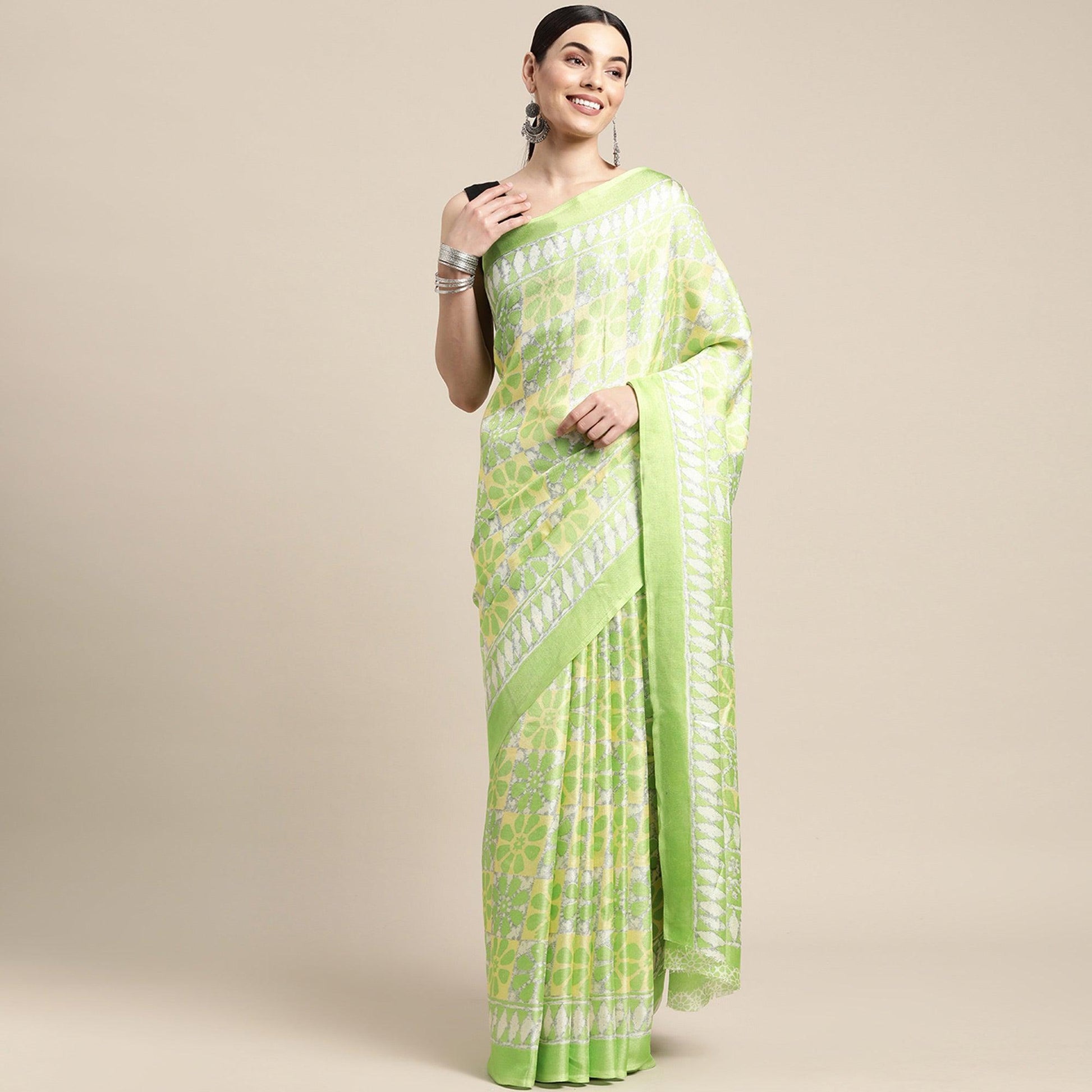 green-geometric-printed-cotton-silk-saree