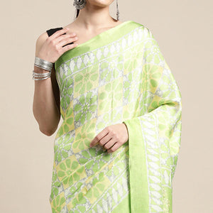 green-geometric-printed-cotton-silk-saree
