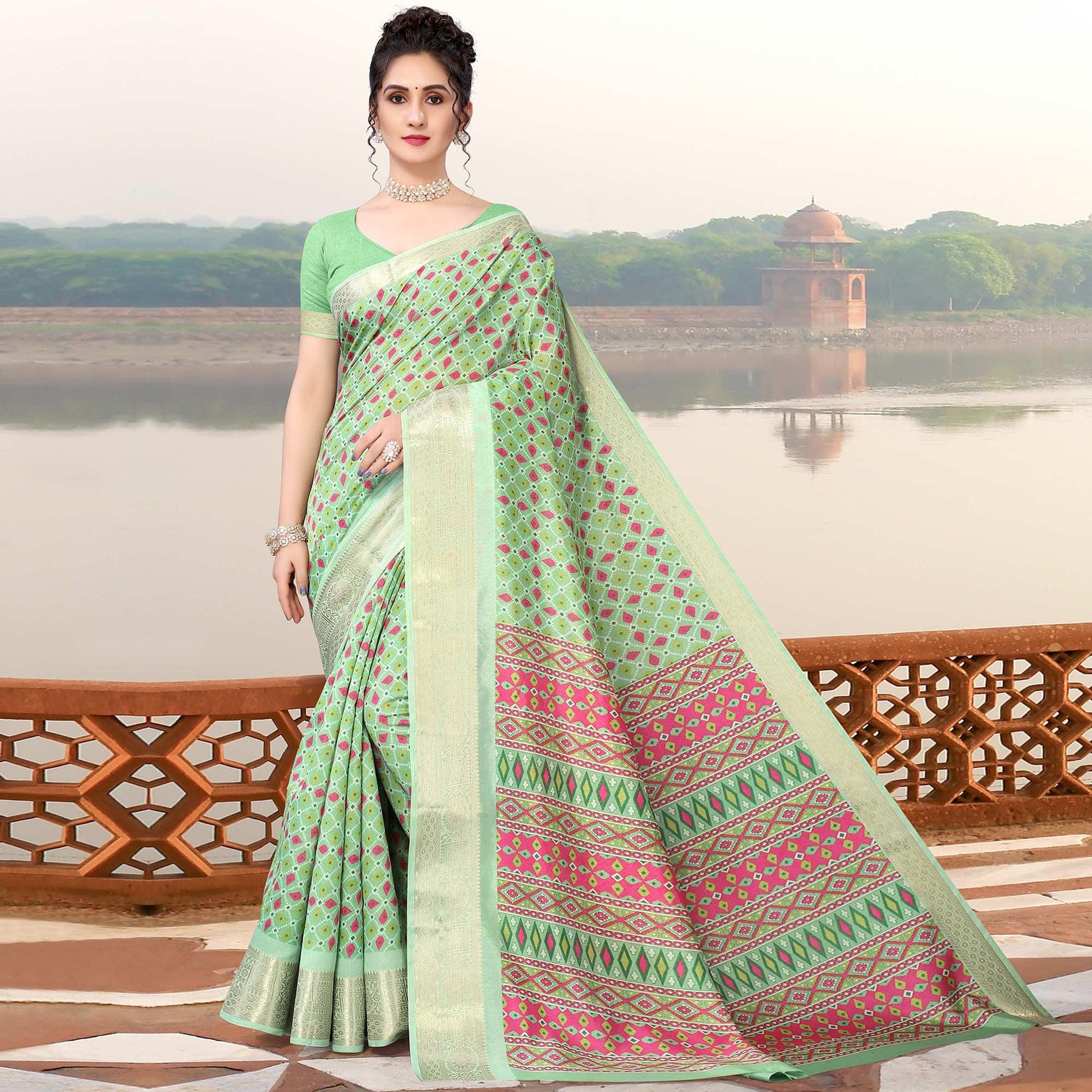 green-geometric-printed-dola-silk-saree