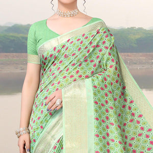 green-geometric-printed-dola-silk-saree