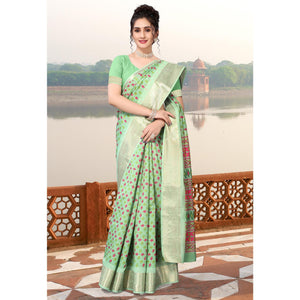 green-geometric-printed-dola-silk-saree