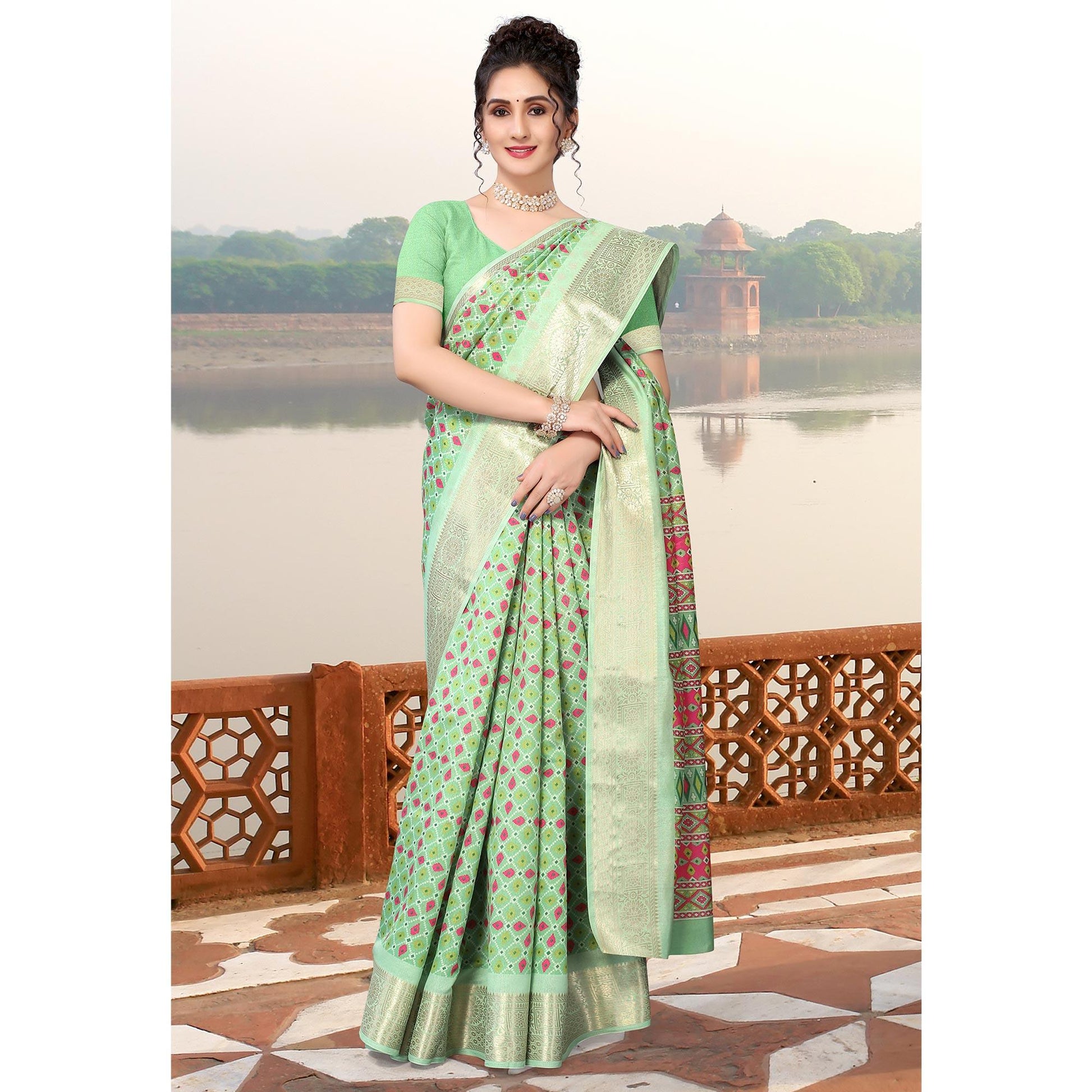 green-geometric-printed-dola-silk-saree