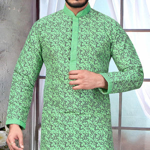 green-partywear-jacquard-geometric-printed-embroidered-pure-jacquard-silk-kurta-pyjama-set-109593