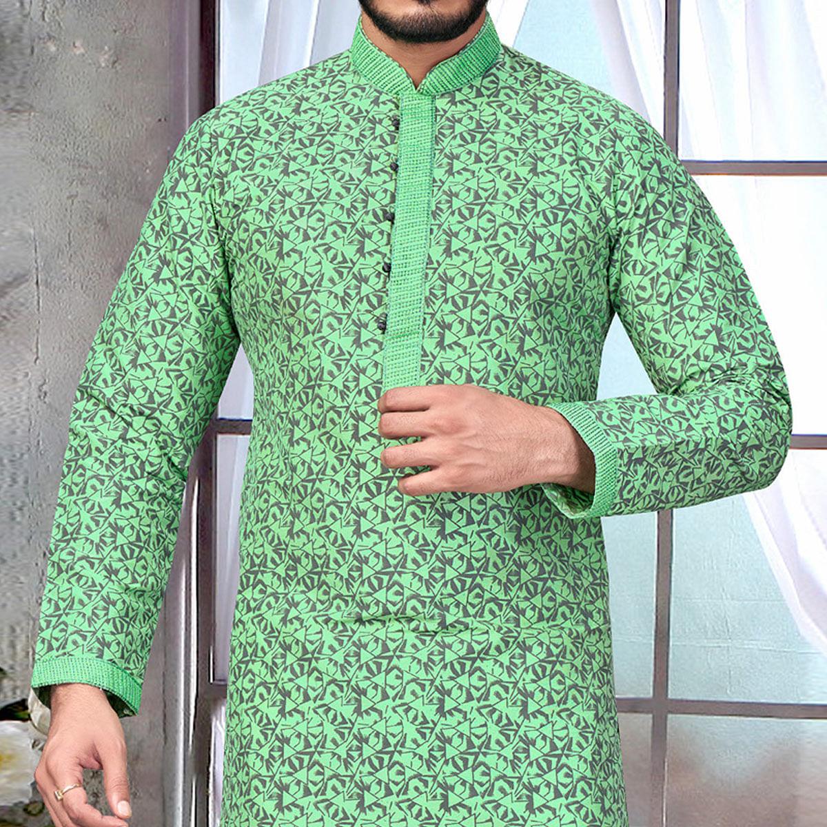 green-partywear-jacquard-geometric-printed-embroidered-pure-jacquard-silk-kurta-pyjama-set-109593