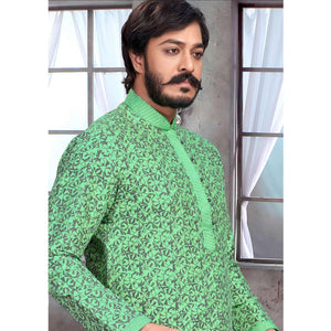 green-partywear-jacquard-geometric-printed-embroidered-pure-jacquard-silk-kurta-pyjama-set-109593