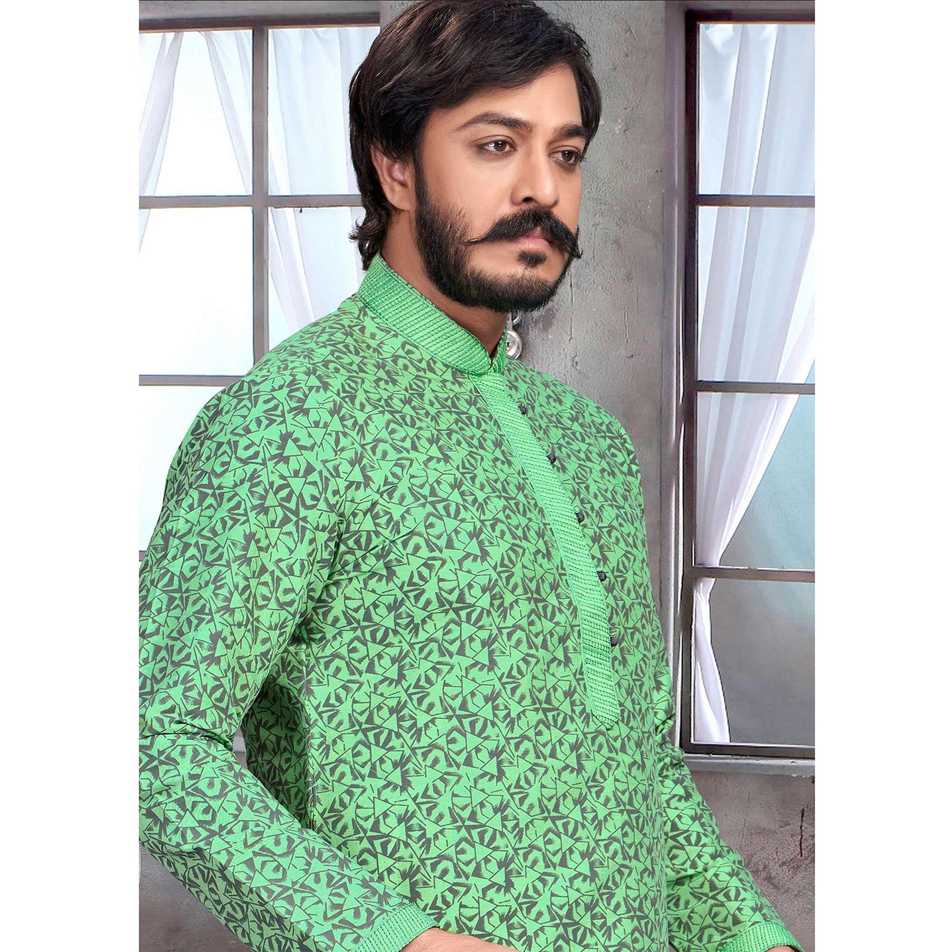 green-partywear-jacquard-geometric-printed-embroidered-pure-jacquard-silk-kurta-pyjama-set-109593