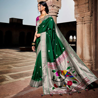 green-grey-festive-wear-floral-woven-silk-saree-121645