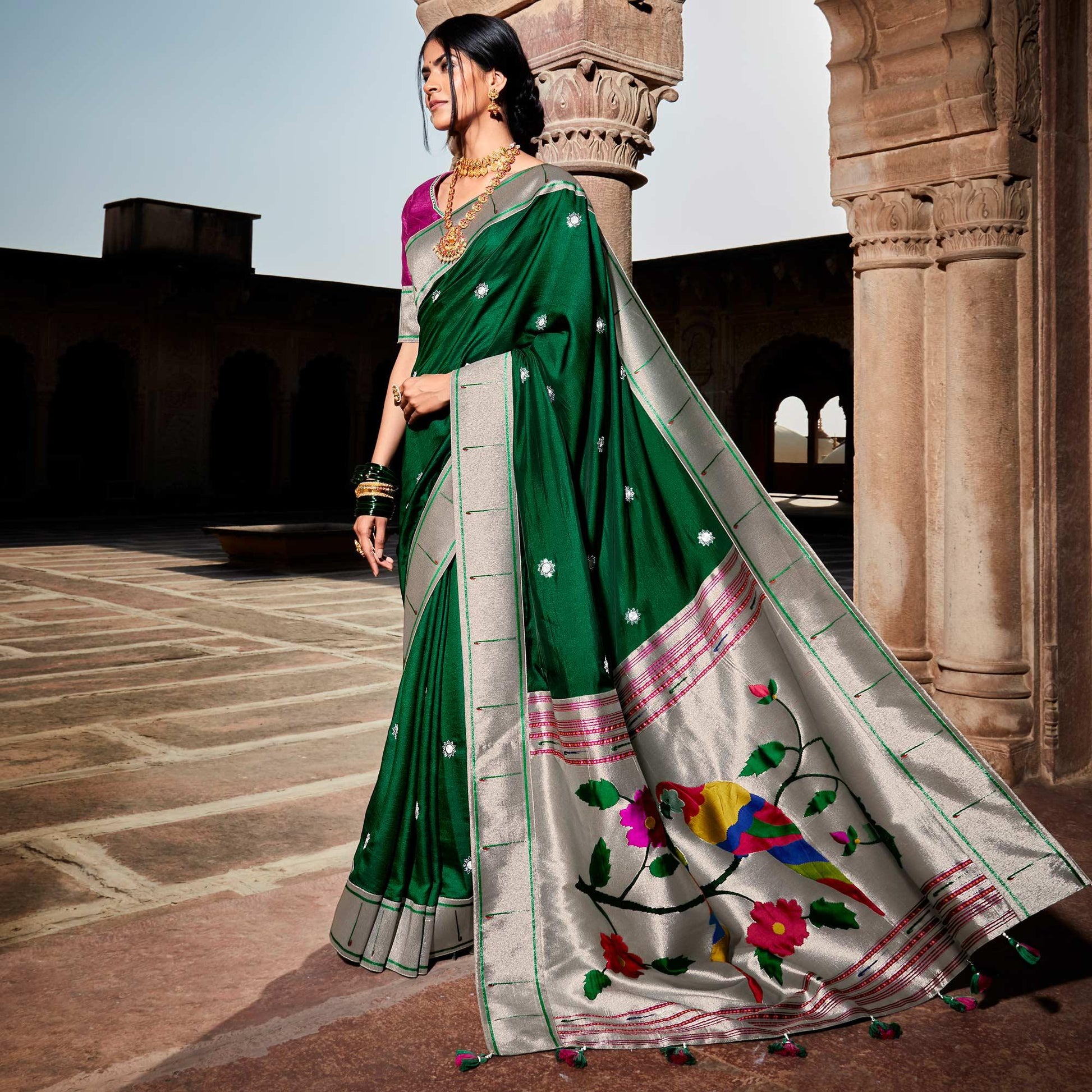 green-grey-festive-wear-floral-woven-silk-saree-121645