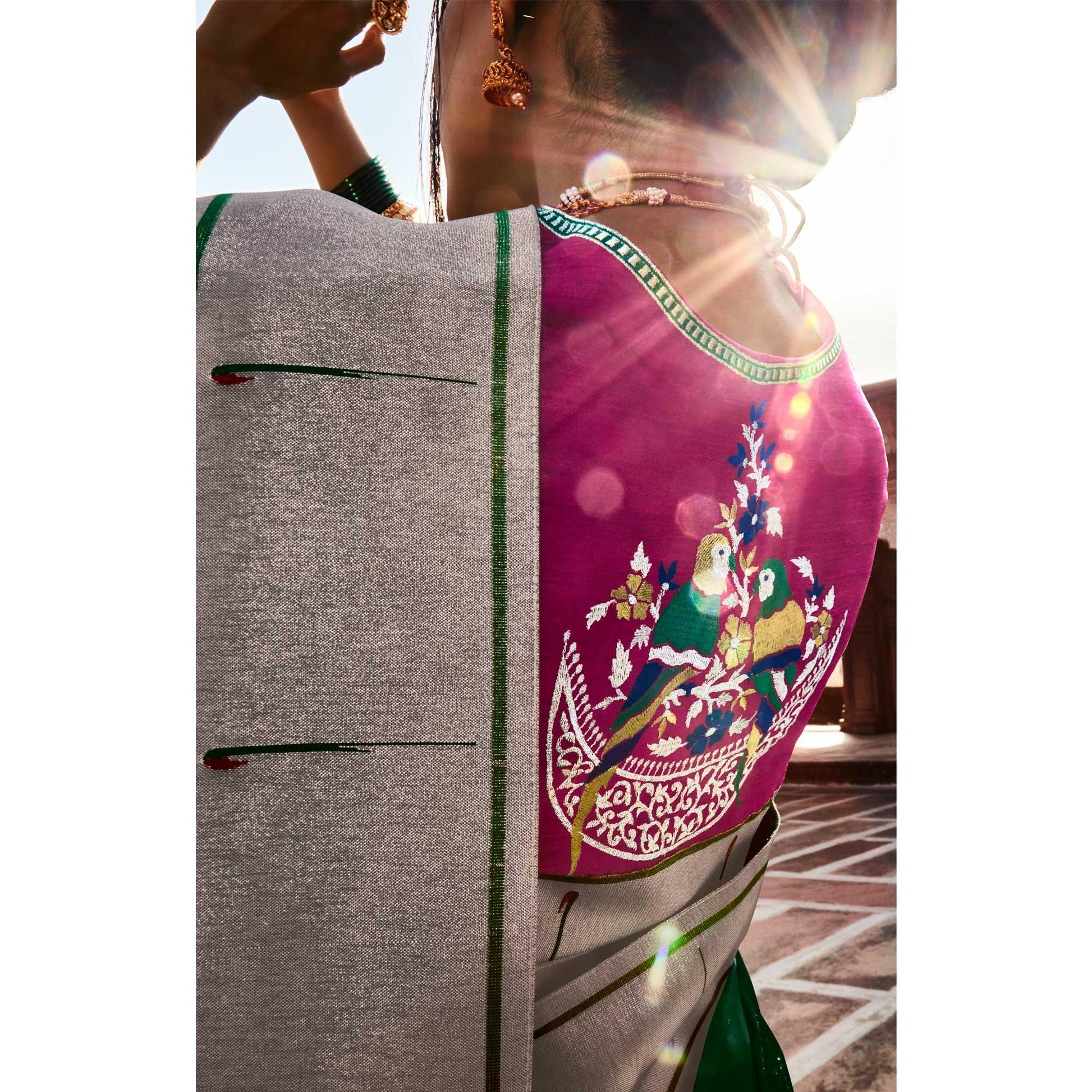 green-grey-festive-wear-floral-woven-silk-saree-121645