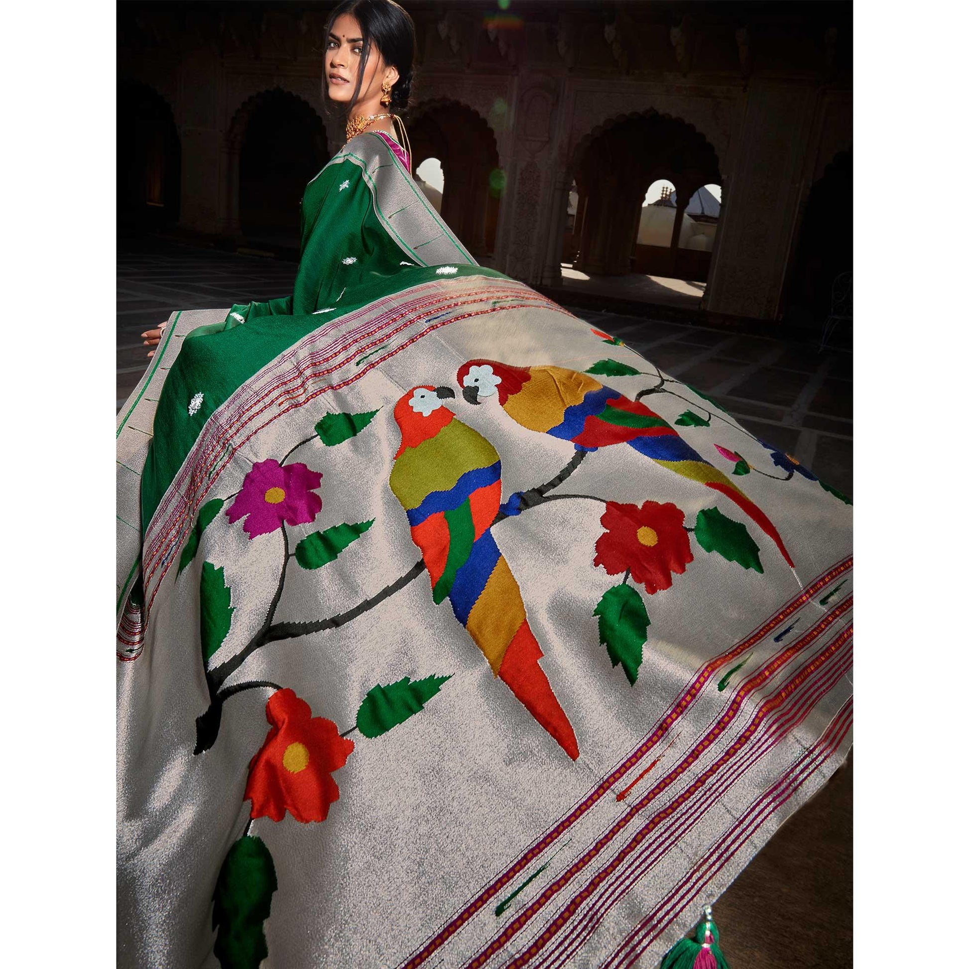 green-grey-festive-wear-floral-woven-silk-saree-121645