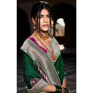 green-grey-festive-wear-floral-woven-silk-saree-121645