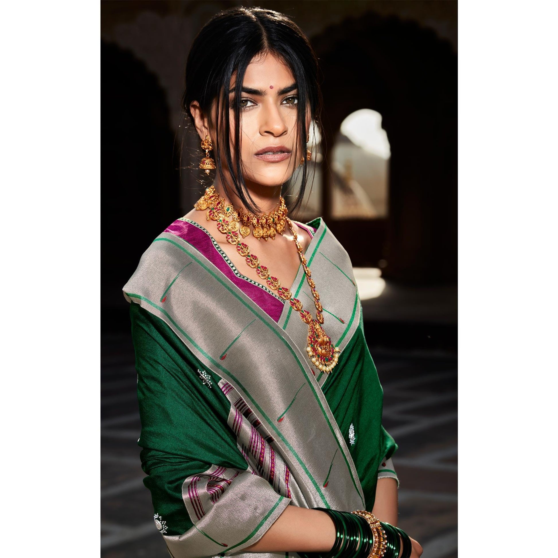green-grey-festive-wear-floral-woven-silk-saree-121645